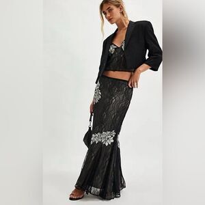 Free People Bali Meet Me at Midnight Lace Maxi Skirt Set in Black NWOT